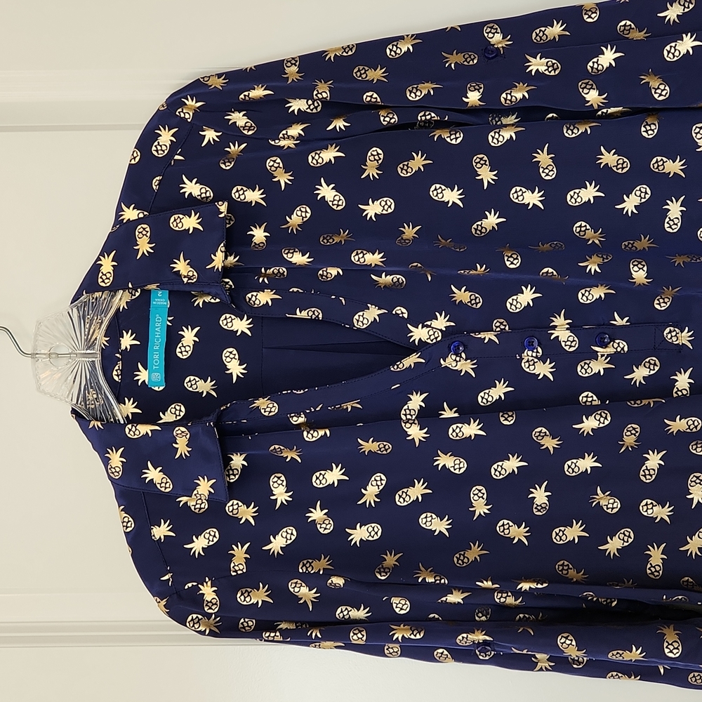 Tori Richard Navy and Gold Pineapple Dress Size 2